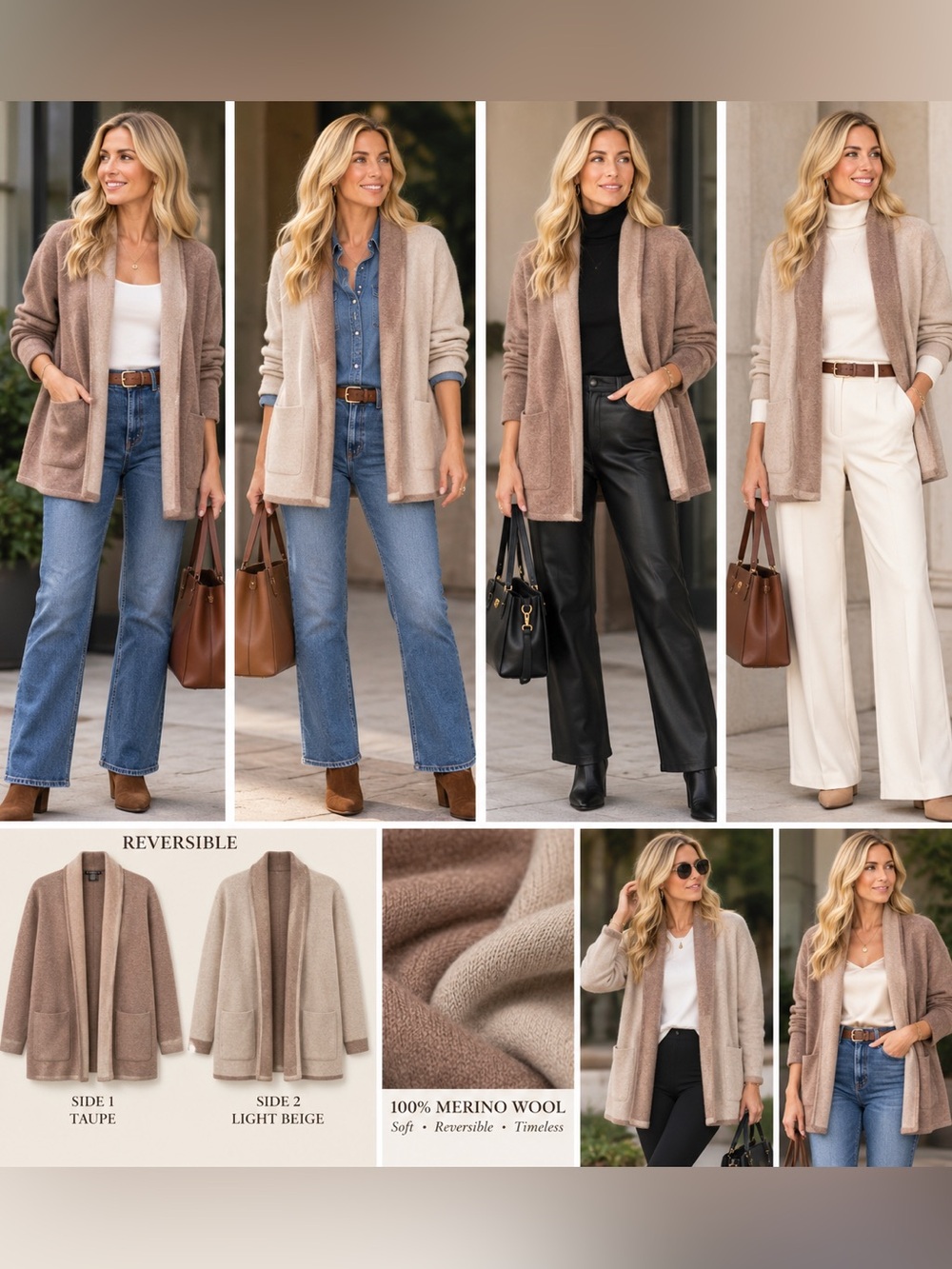 Alashan 100% Merino Wool Reversible Cardigan Taupe Beige Open Front Sweater -M